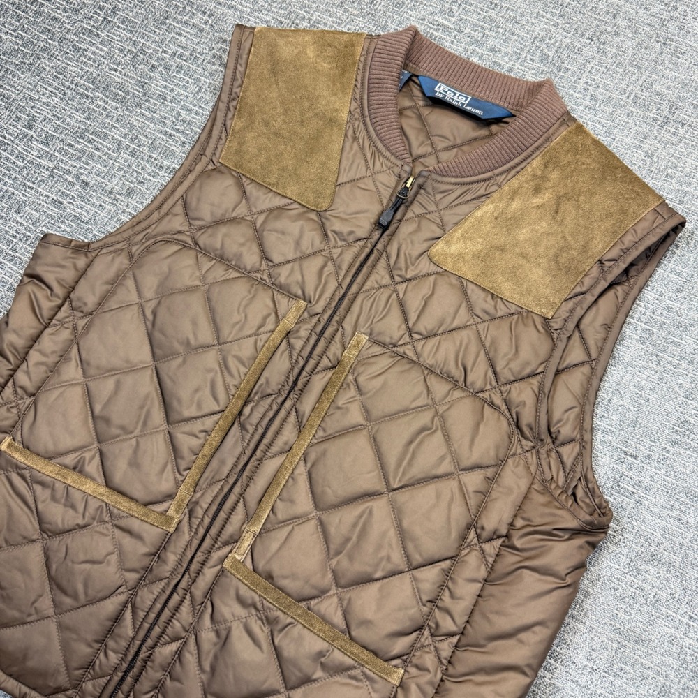 Polo Ralph Lauren Vest Mens M Brown Quilted Suede Trim Hunting Shooting